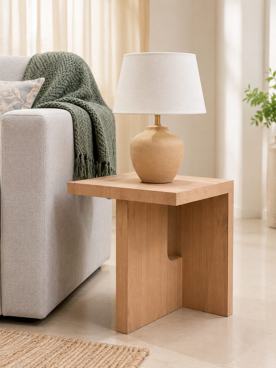 Wood Side Table with Lamp